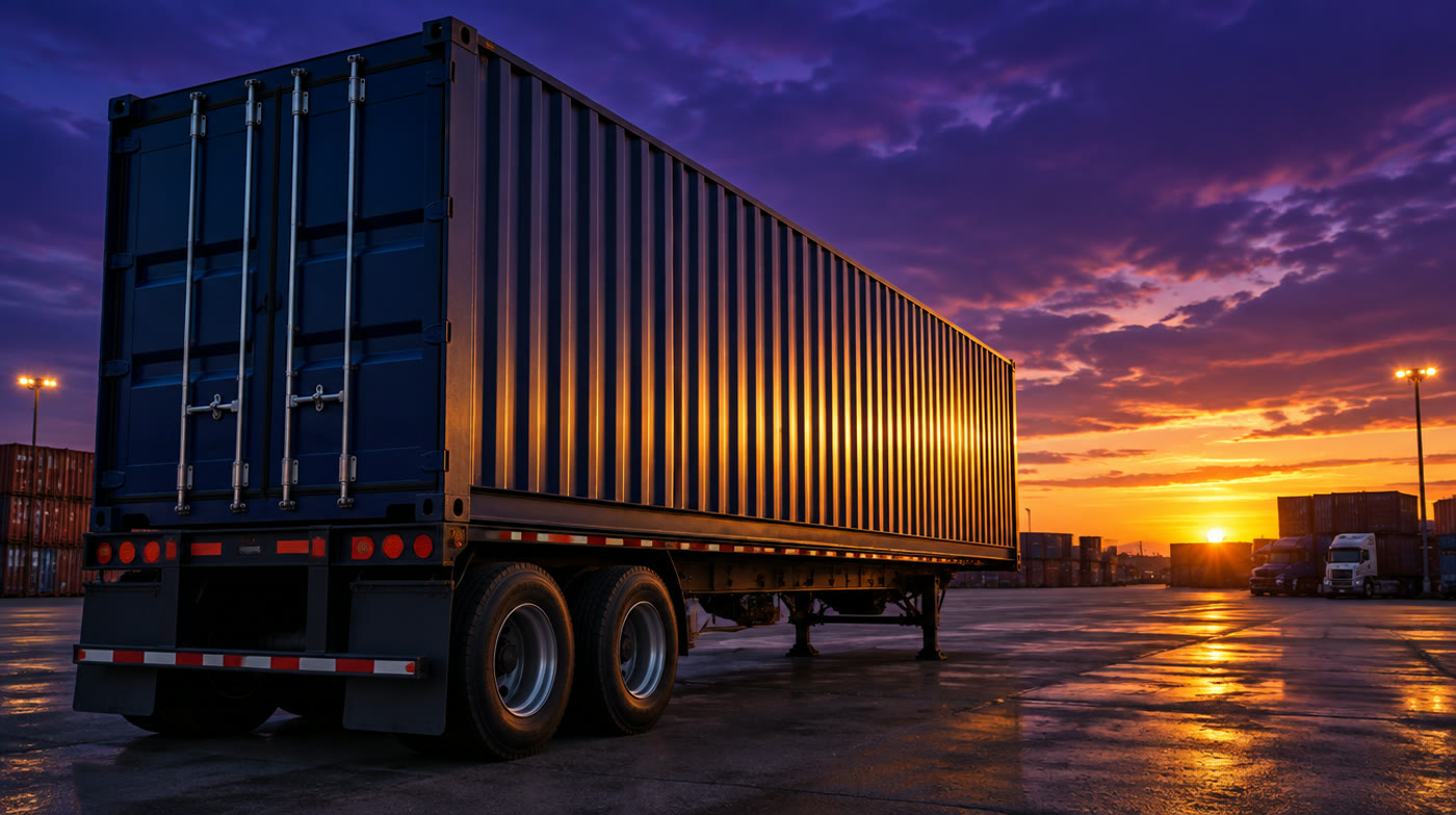 Intermodal shipping container on chassis at dusk