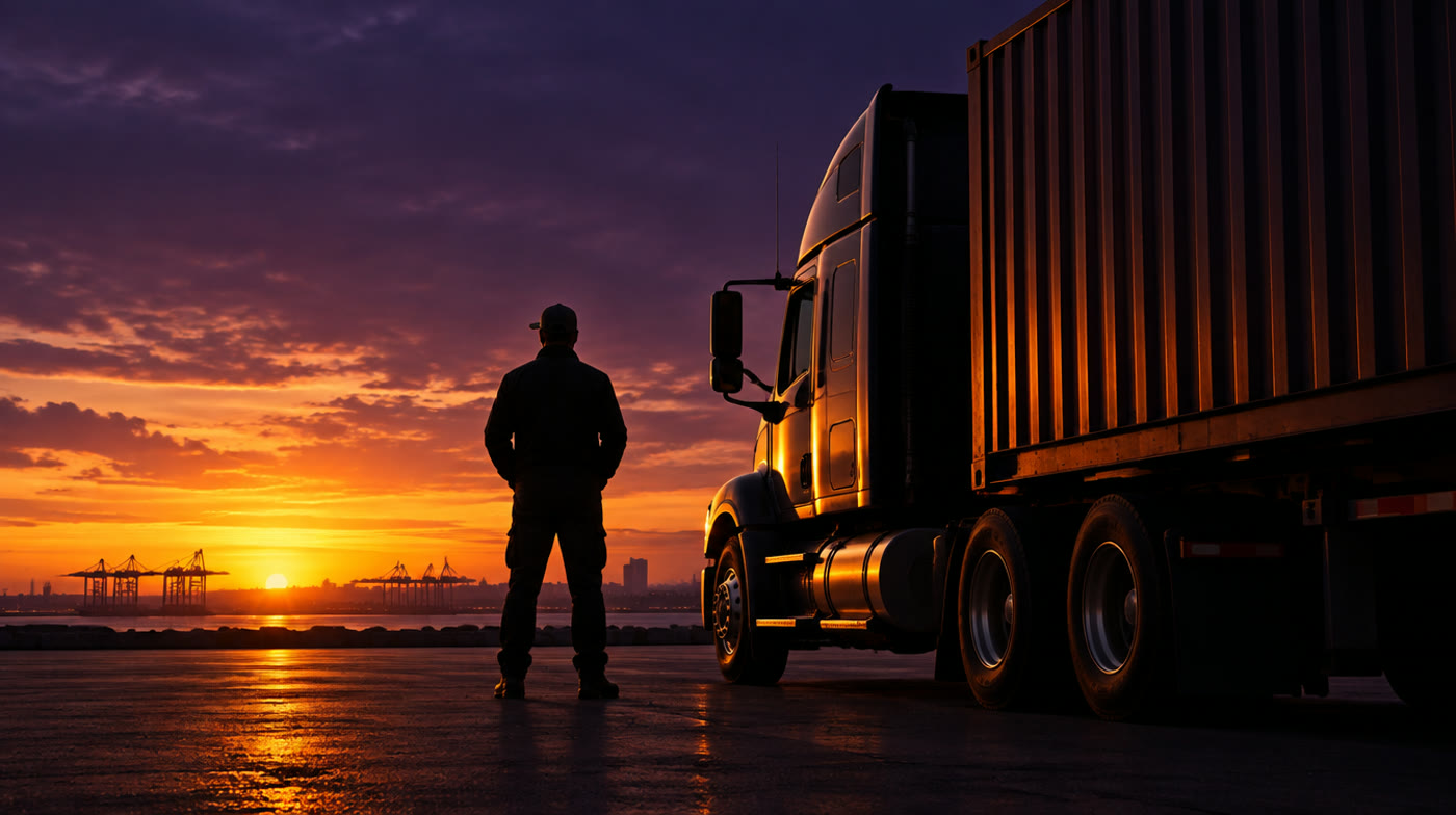 Driver beside a container drayage truck at dusk