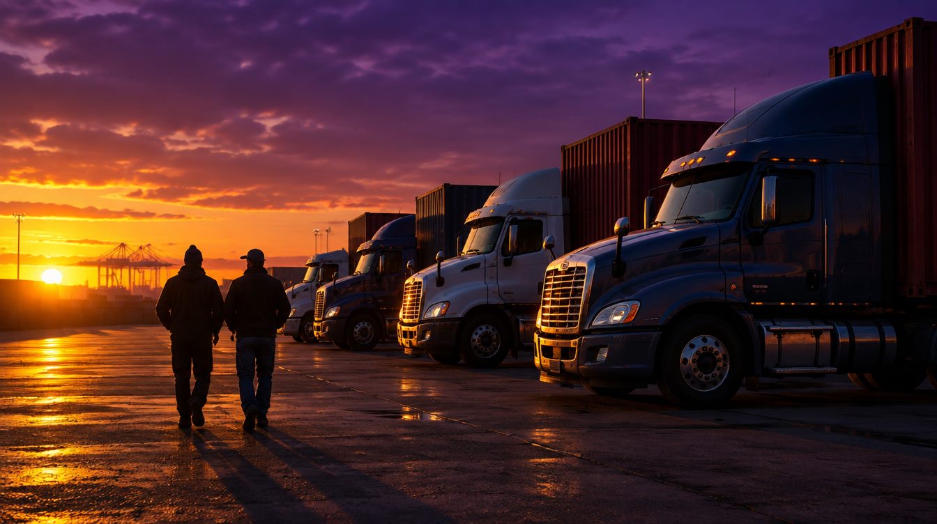 DWV team at the yard with fleet of container trucks at sunset